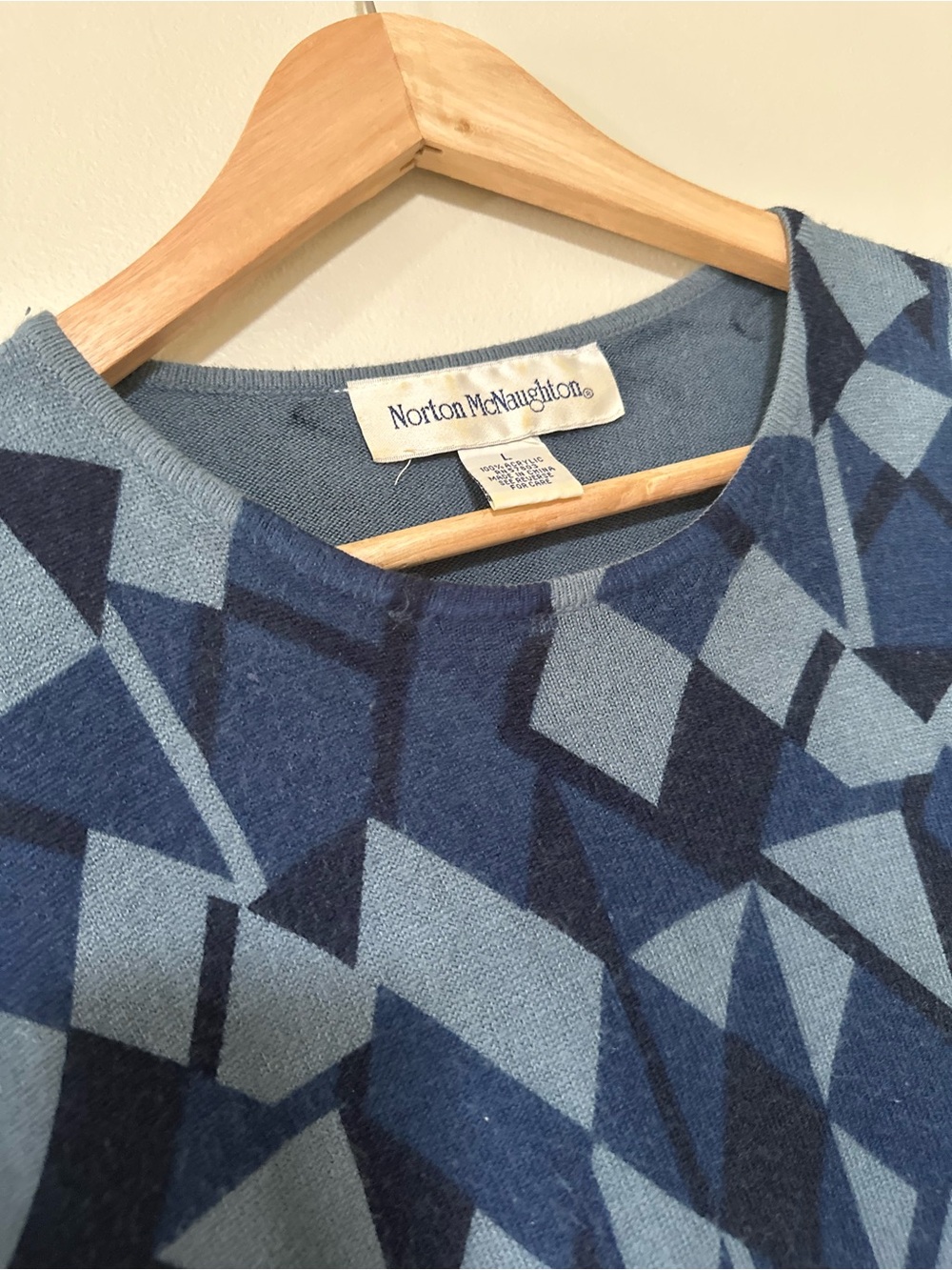 Norton McNaughton Geometric Navy and Light Blue Knit Top - Picture 2 of 3